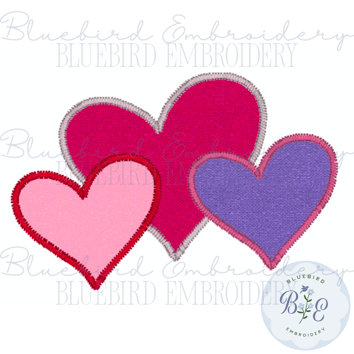 Hearts Trio Applique Zig Zag Digital Embroidery Design