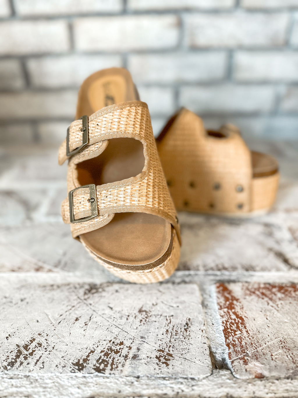 Raffia Double Buckle Platform Sandals