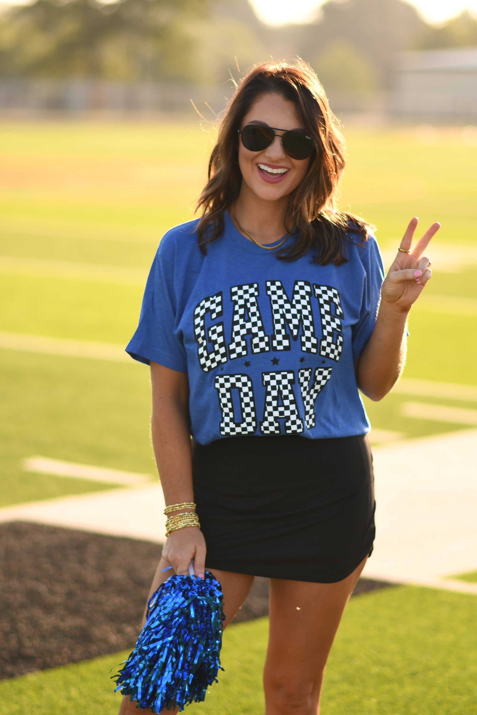Royal Blue Checkered Game Day Tee - Bluebird Embroidery