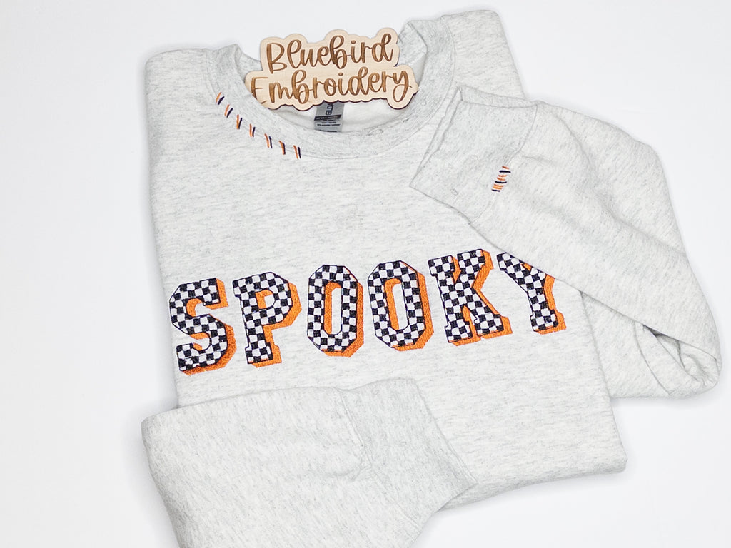 SPOOKY Distressed Checker Embroidered Sweatshirt with Hand Embroidered details