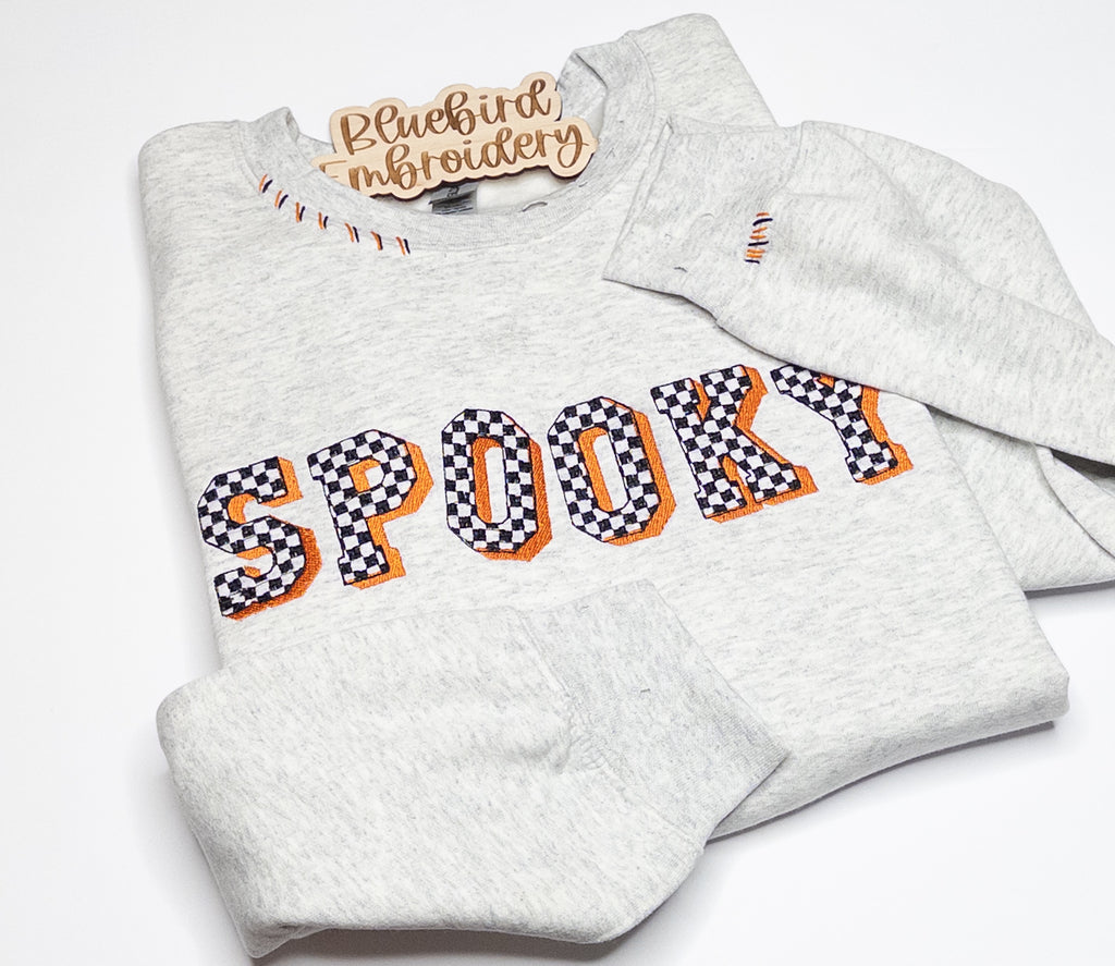 SPOOKY Distressed Checker Embroidered Sweatshirt with Hand Embroidered details