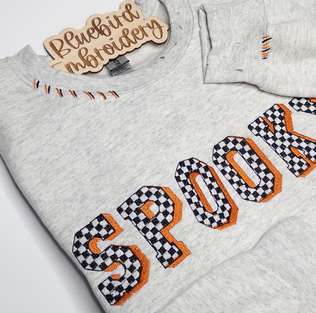 SPOOKY Distressed Checker Embroidered Sweatshirt with Hand Embroidered details