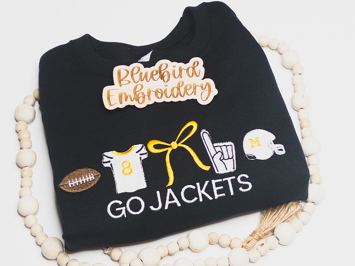 Personalized Jersey# Go Jackets Football Icons Embroidered Crewneck