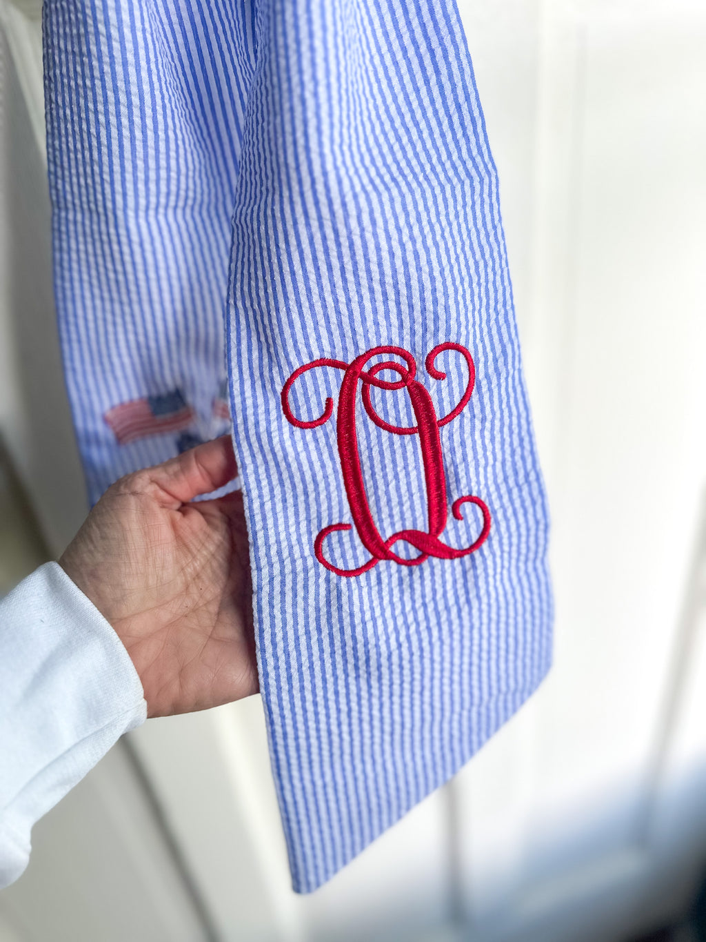 American Flag Embroidered Seersucker Wreath Sash – Monogrammed