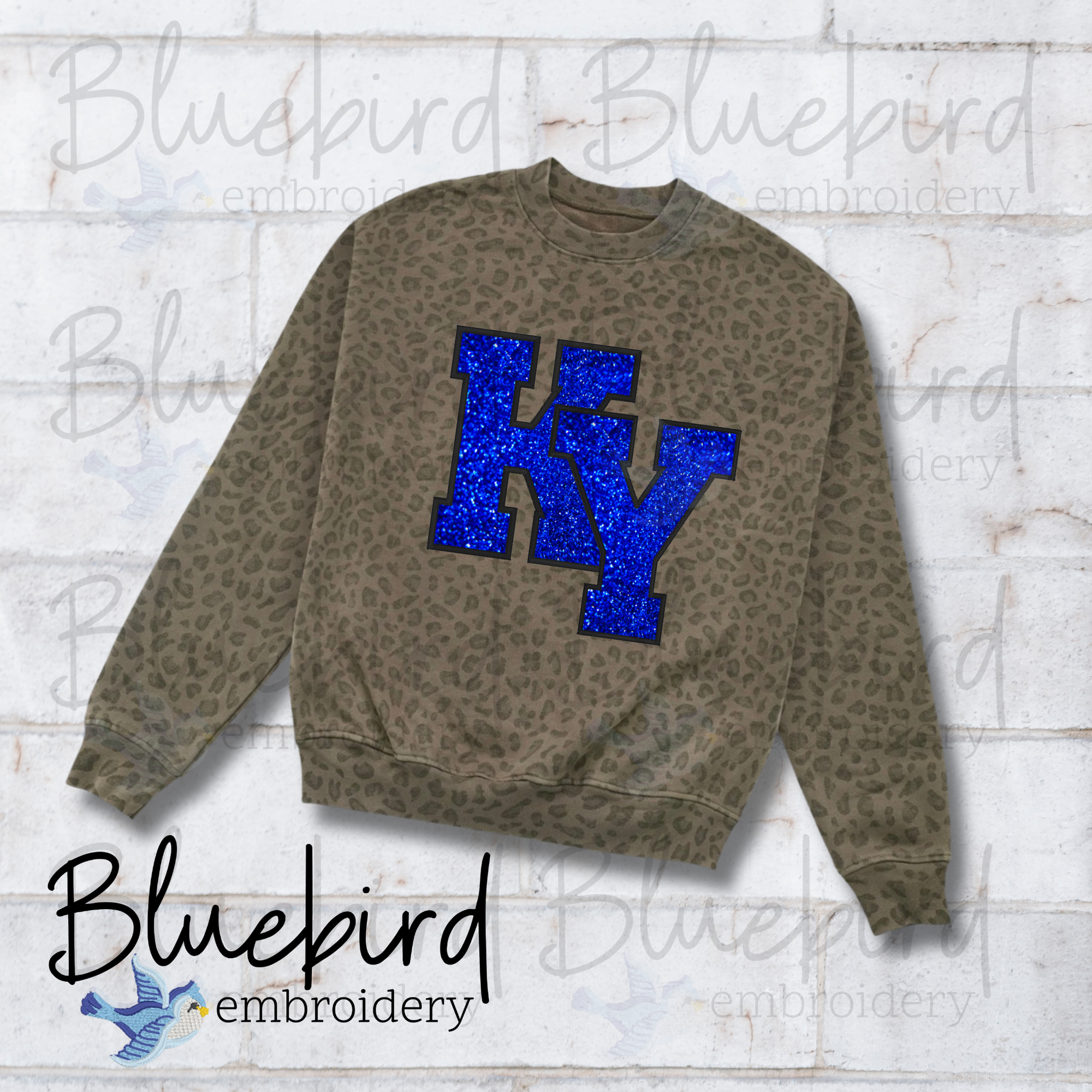 Leopard Sequin Interlocking Letters Applique Embroidered Crewneck